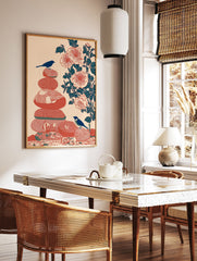 Zen bird and stone wall art print with two blue birds on stacked red stones and a branch of red flowers on peach background. - Image 2