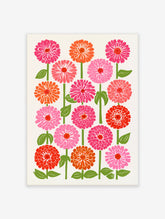 Botanical zinnia flower illustration in pink, orange, and red with green stems on a cream background
