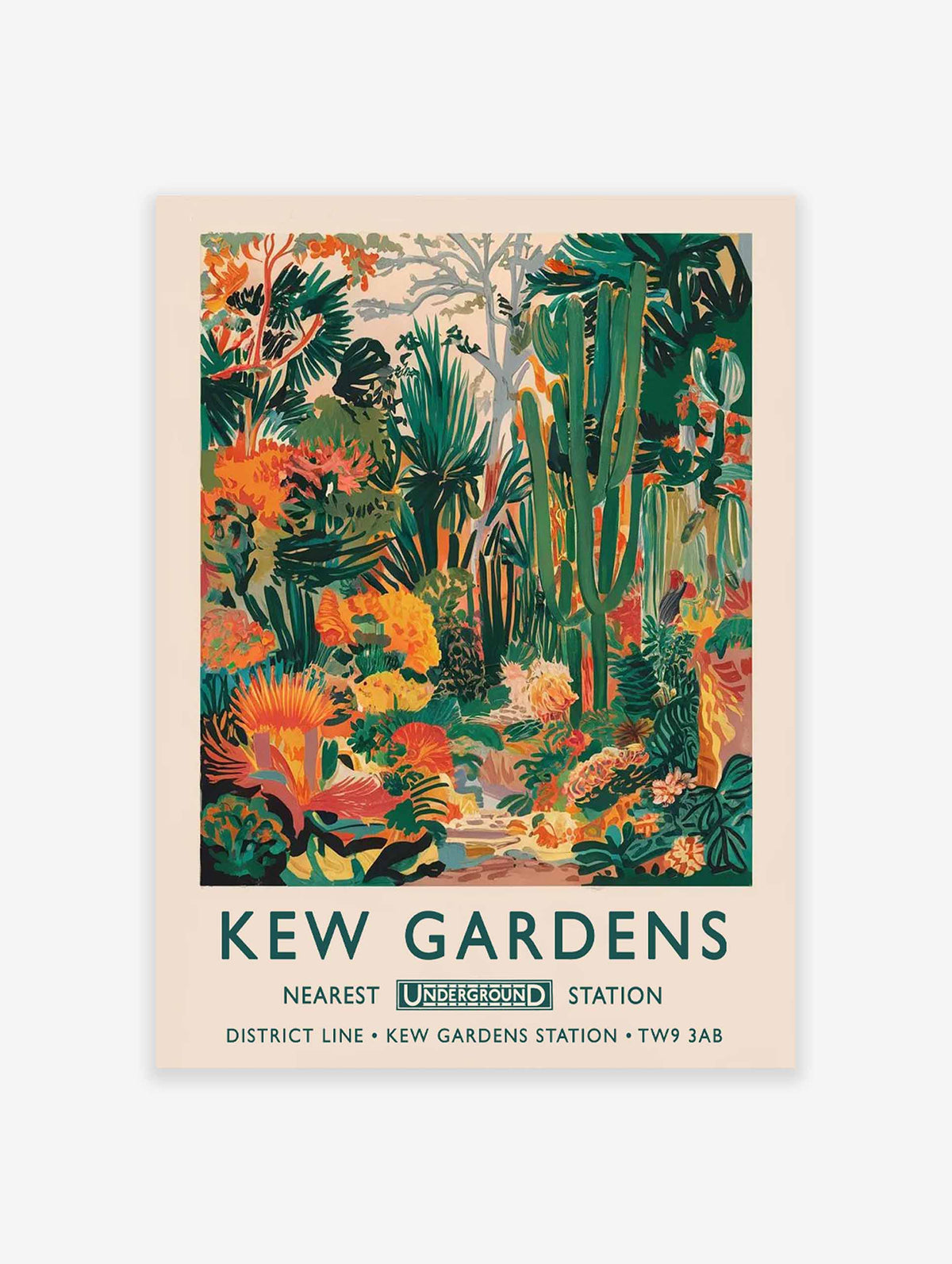 Kew Gardens poster with botanical illustration of cacti and tropical plants in orange, green, and cream colors.
