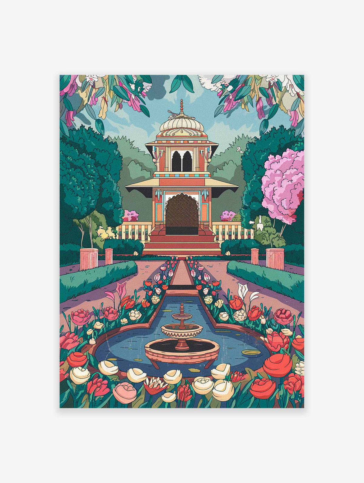 Digital illustration of a traditional Indian pavilion with a fountain and flower garden.