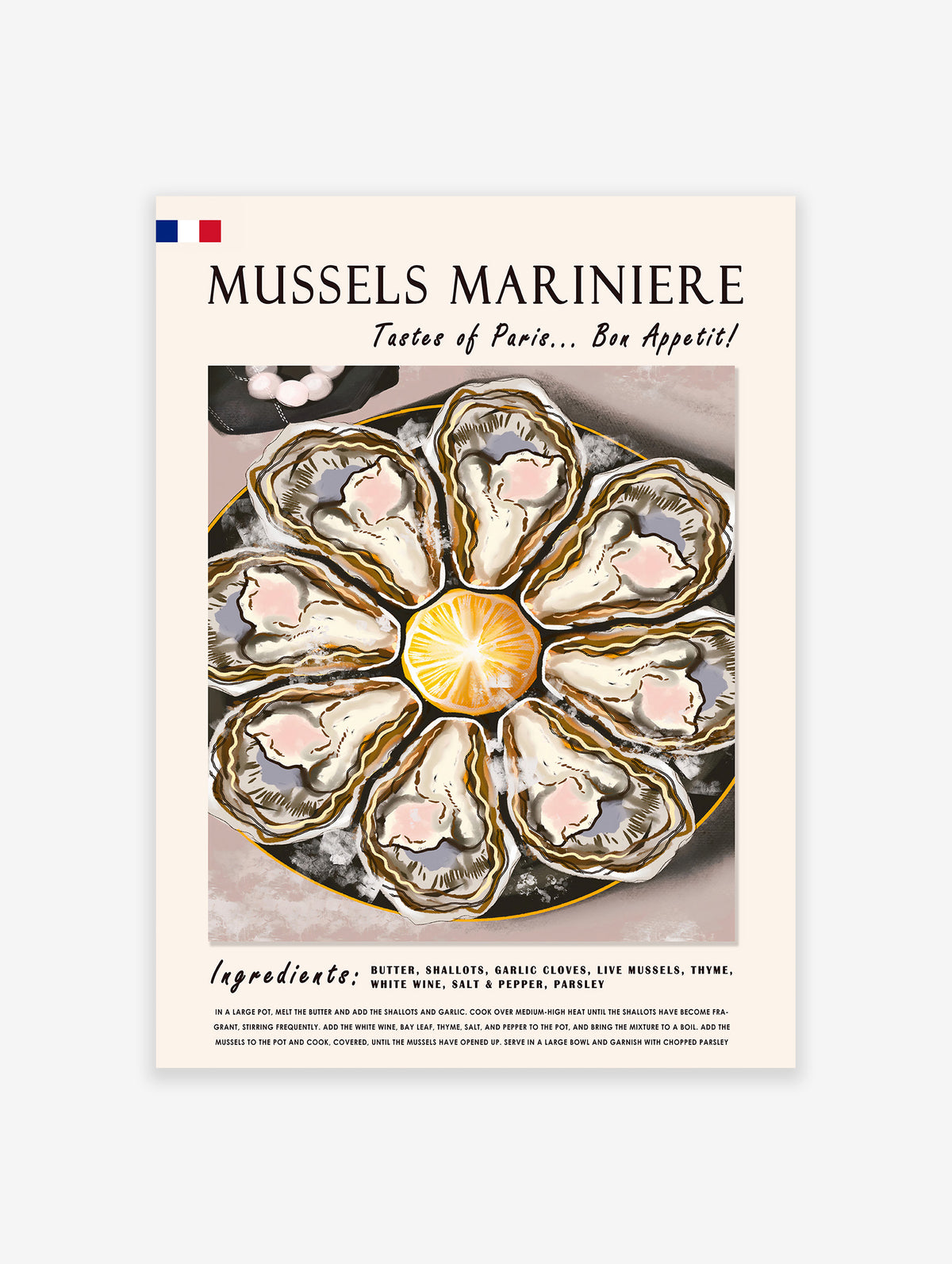 Mussels Mariniere Food Poster, French Food Print