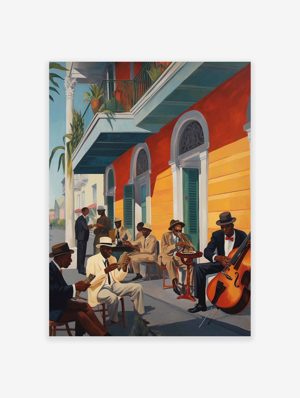 Painting of jazz musicians playing on a sidewalk in front of a colorful building with a balcony.
