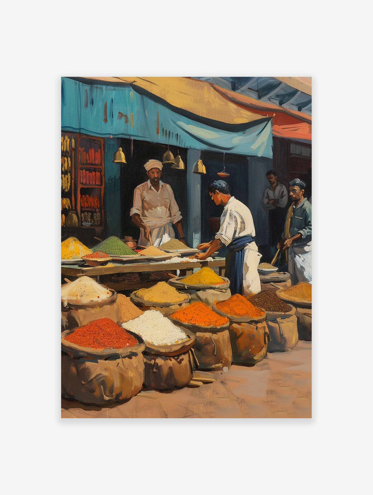 A painting of an Indian spice market with vendors standing behind tables and large sacks of colorful spices.