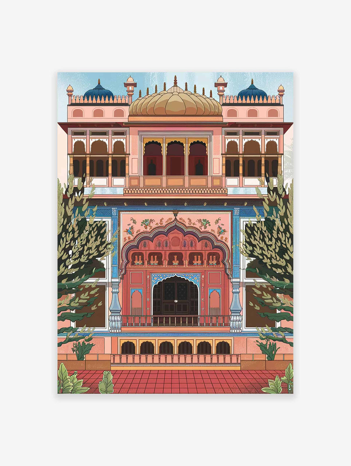 Digital illustration of an ornate pink and blue Indian palace facade with arched windows and a central dome.