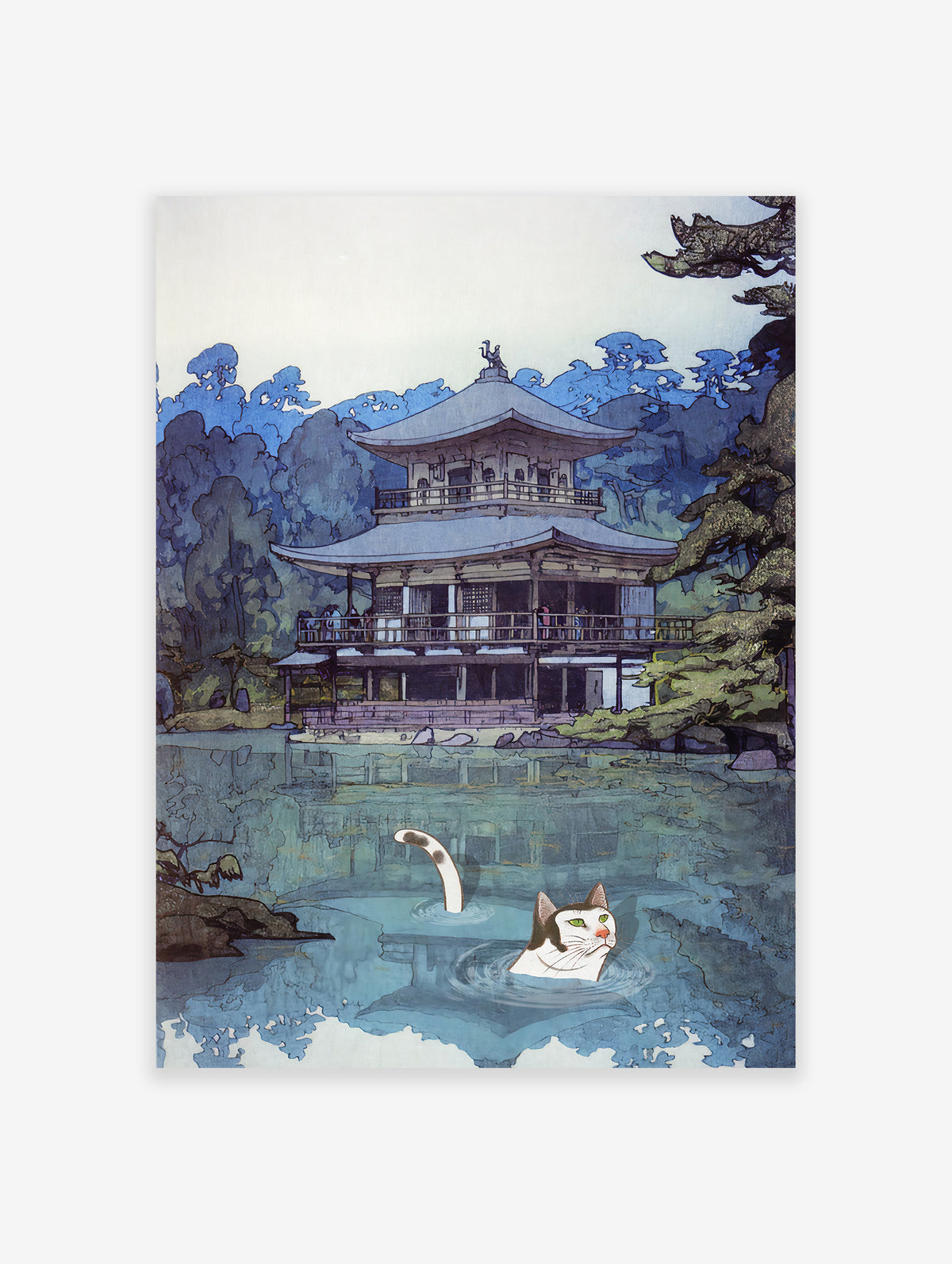 Kinkakuji Temple by Yoshida Hiroshi with Cat Poster, Funny Cat Print