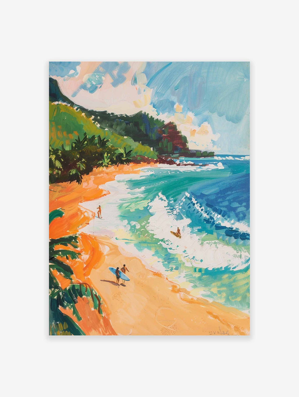 Impressionistic painting of a tropical beach with surfers, palm trees, and turquoise ocean waves.