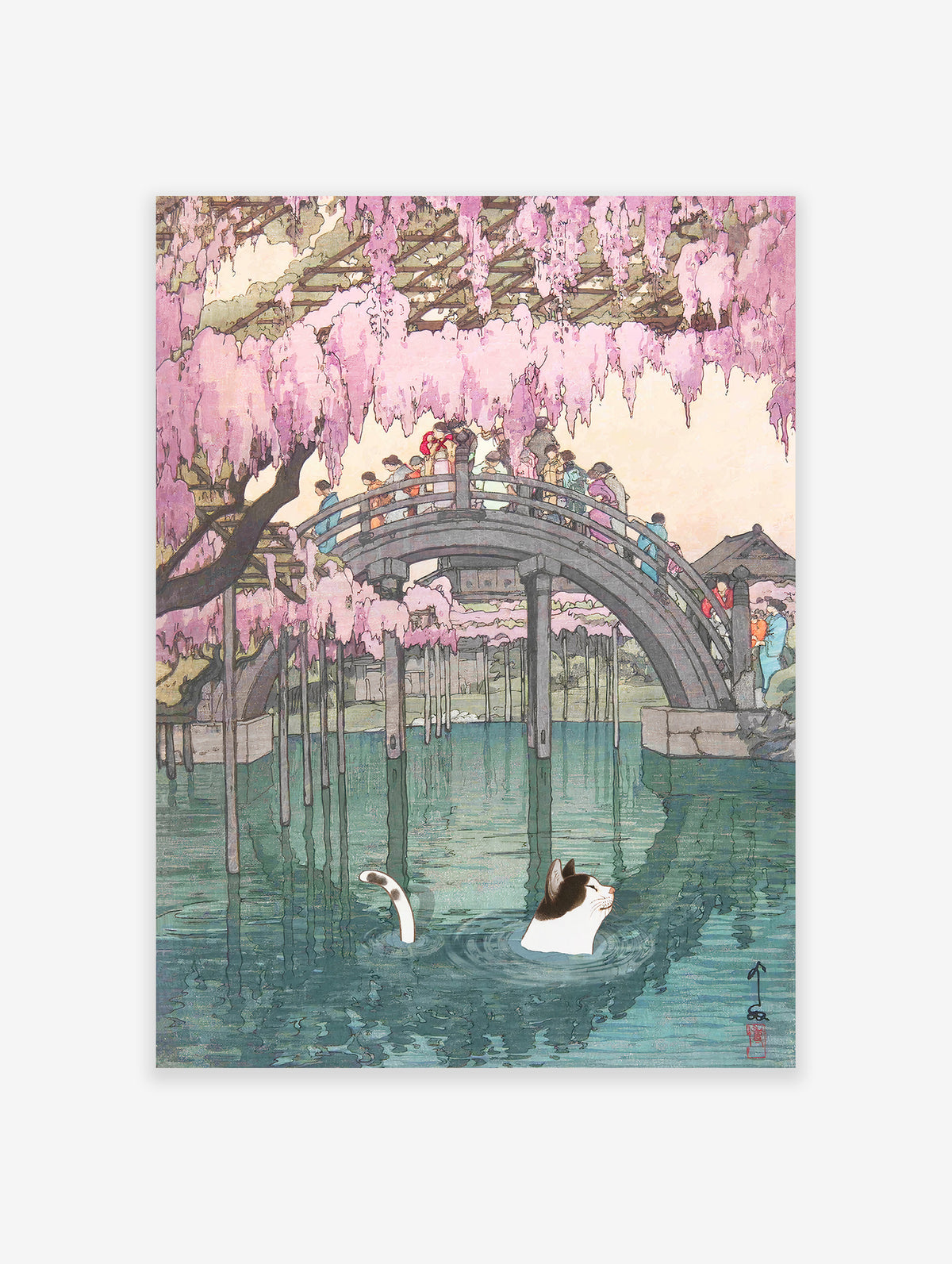 Japanese Cat Poster, Cat in Kameido Bridge Print