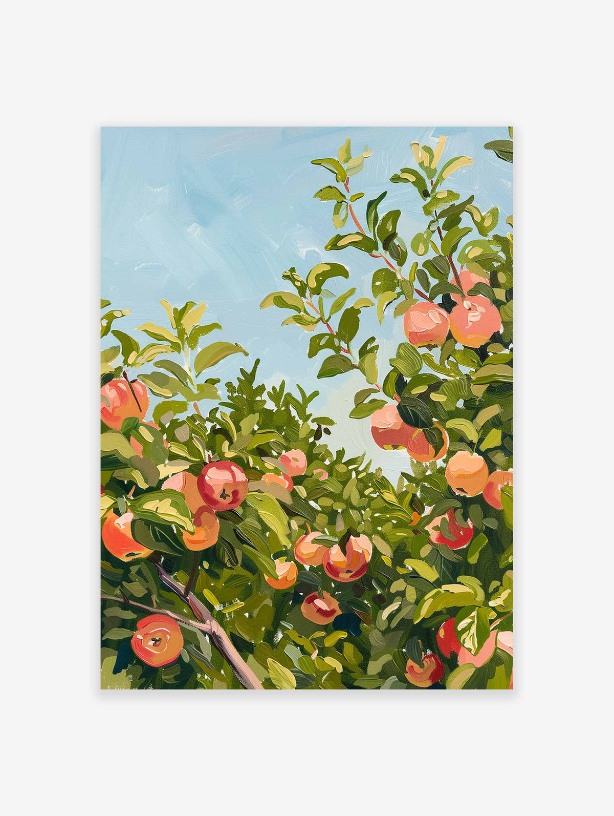 Apple orchard painting with red apples and green leaves against a light blue sky.