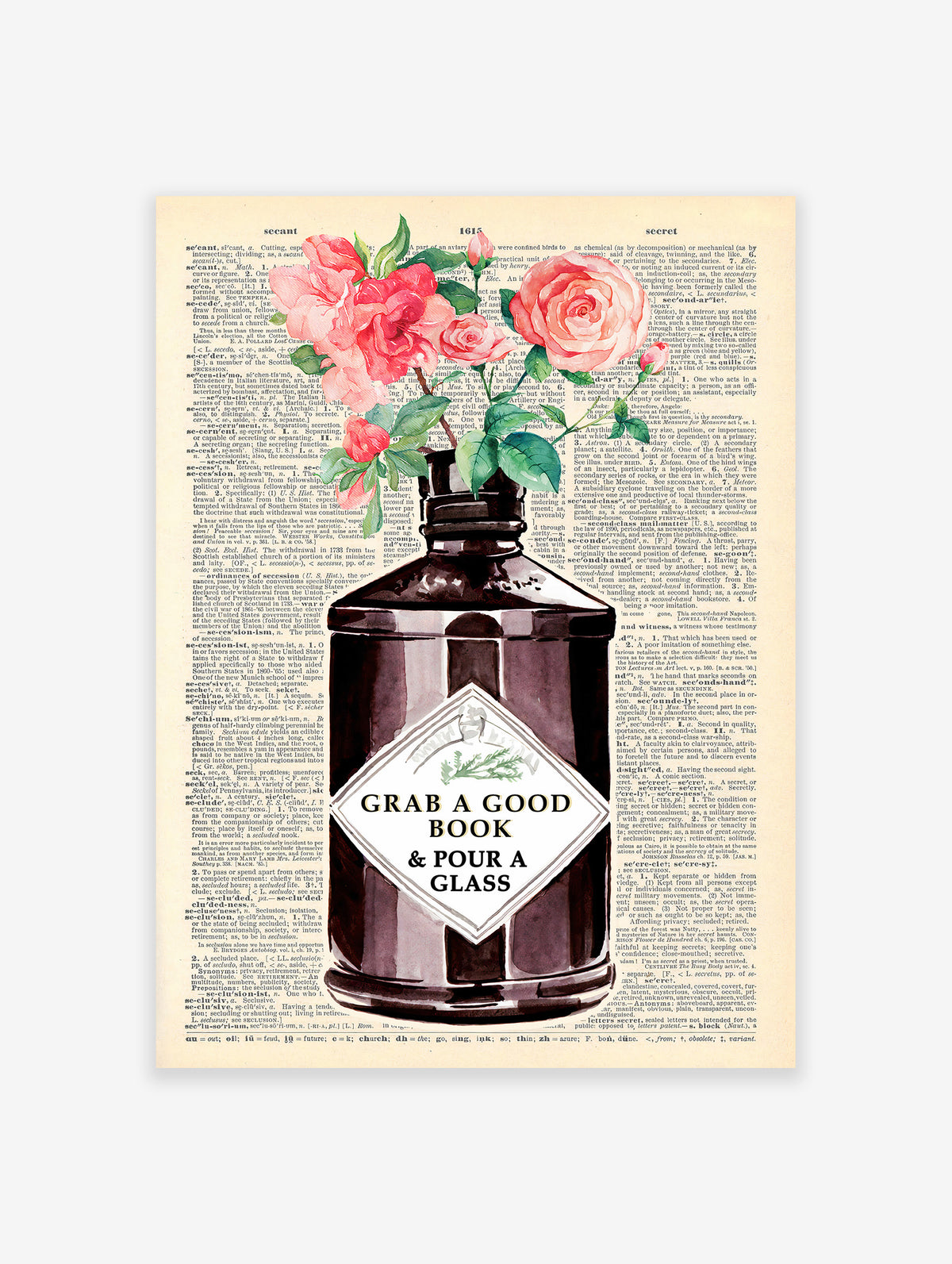 Vintage Gin Bottle Reading Poster, Floral Print