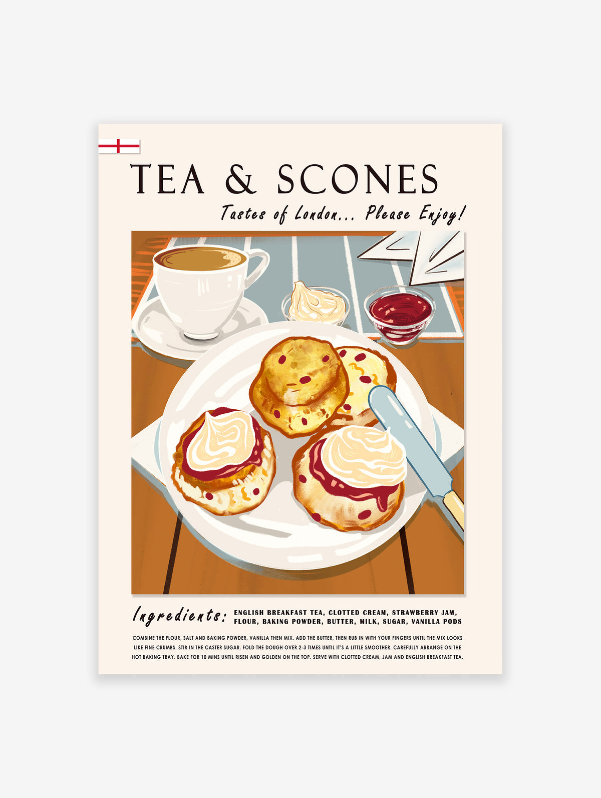 Tea and Scones Food Poster, British Tea and Scones Print