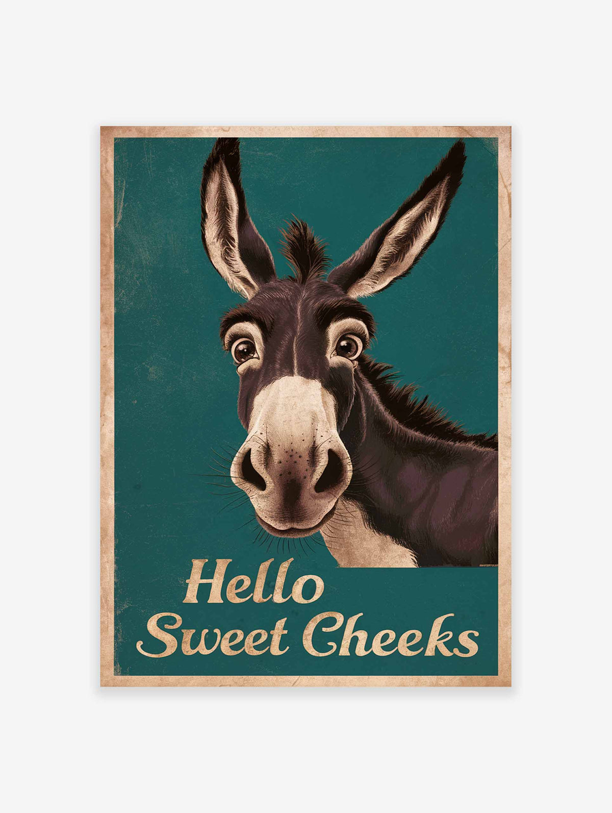 Donkey poster with teal background and the text Hello Sweet Cheeks in a vintage serif font.