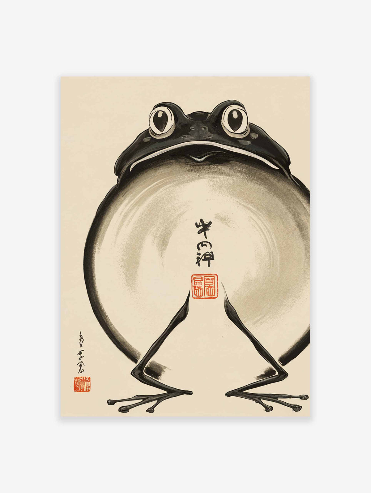 Japanese-style ink wash painting of a bullfrog with large eyes and a round body on a cream background.