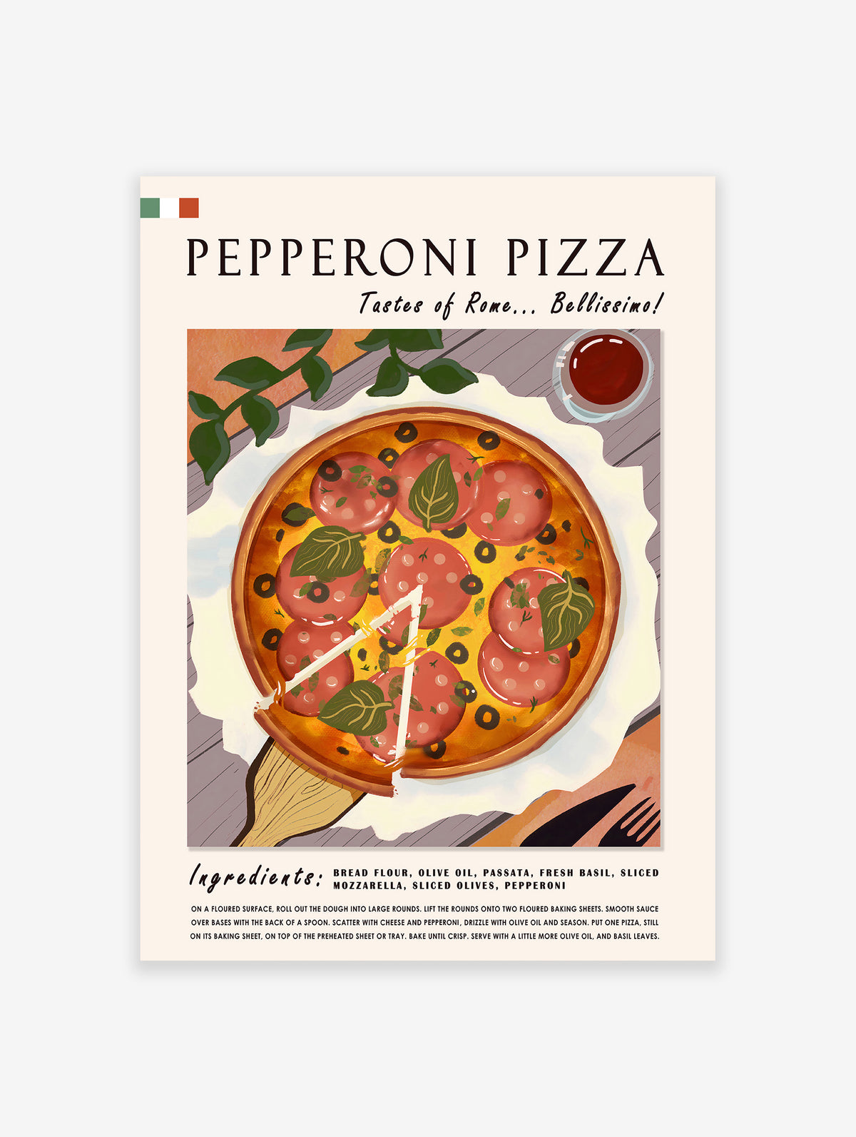 Pepperoni Pizza Food Poster, Italian Print