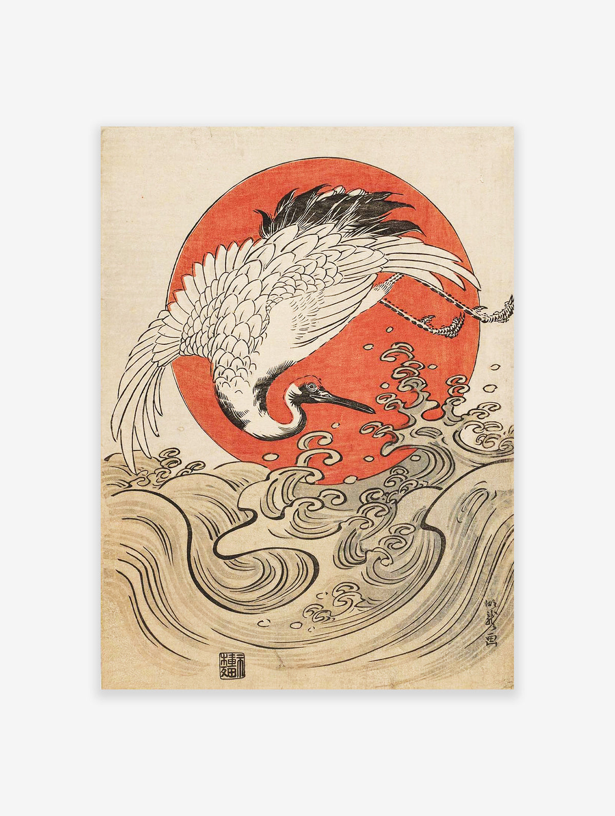 Crane, Waves and Rising Sun Poster by Isoda Koryusai, Isoda Koryusai Print