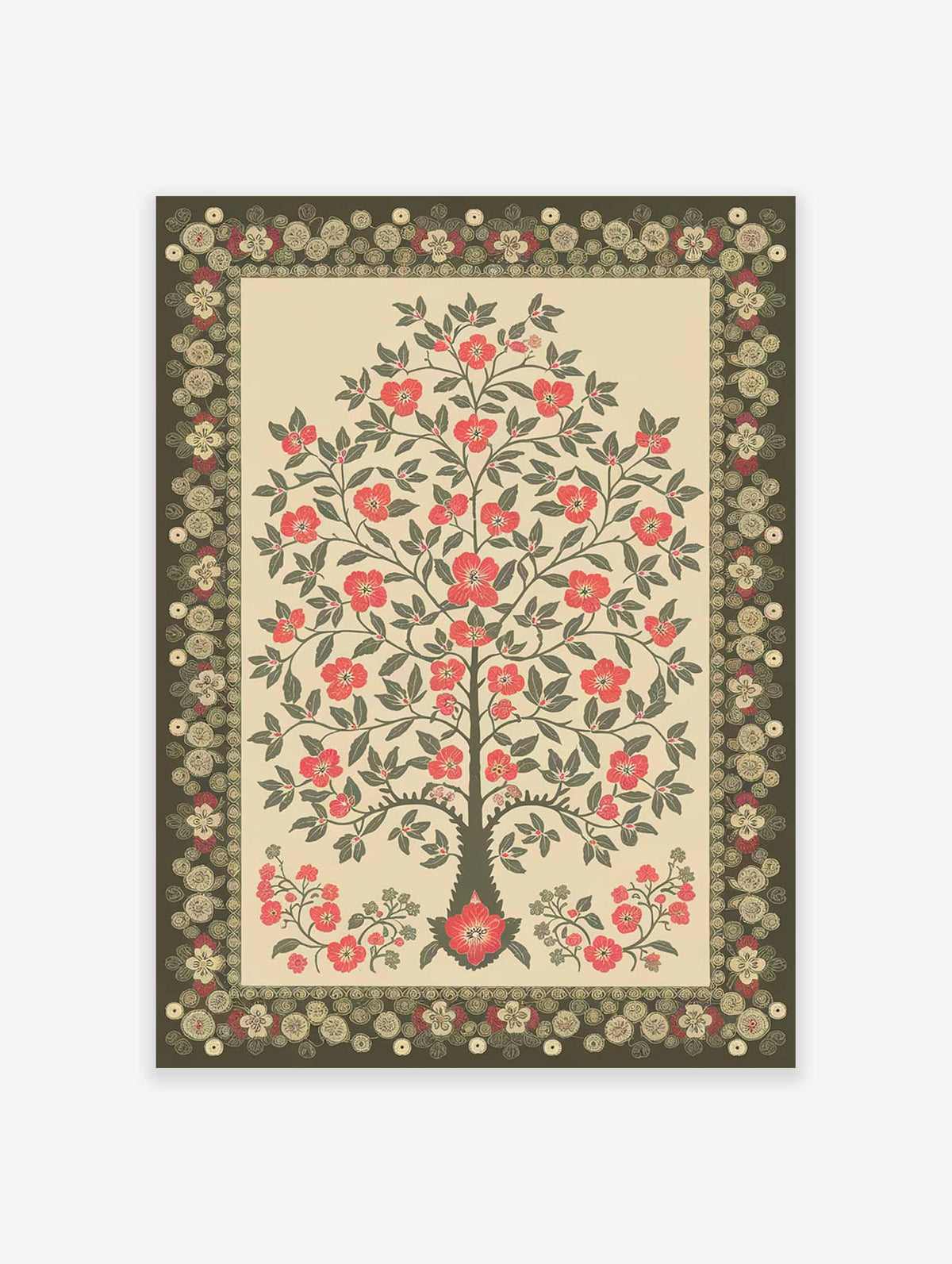 Indian floral art print featuring a stylized tree with red blossoms and dark green leaves, enclosed in a patterned border.