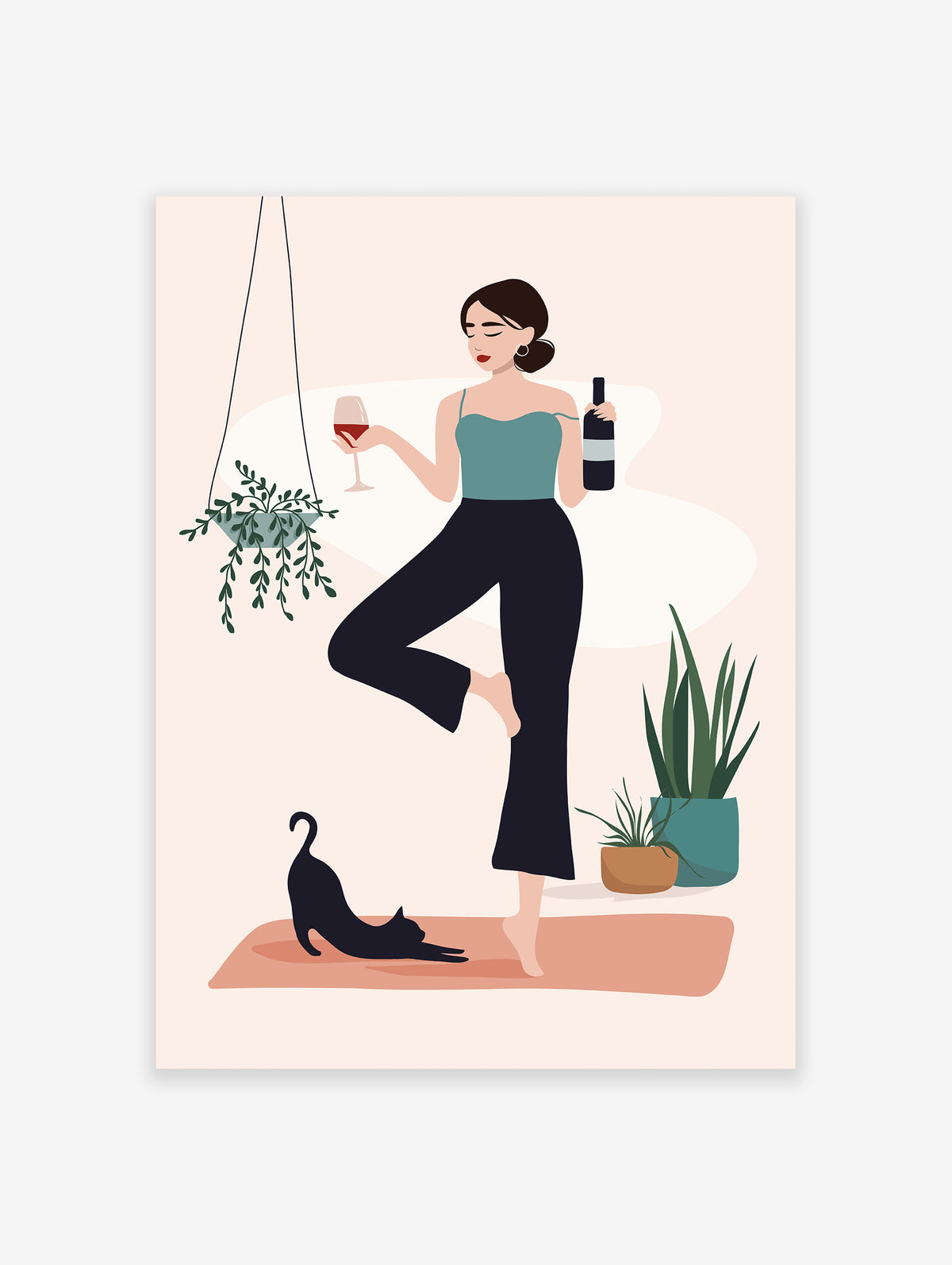 Boho Yoga and Wine Poster, Yoga Print