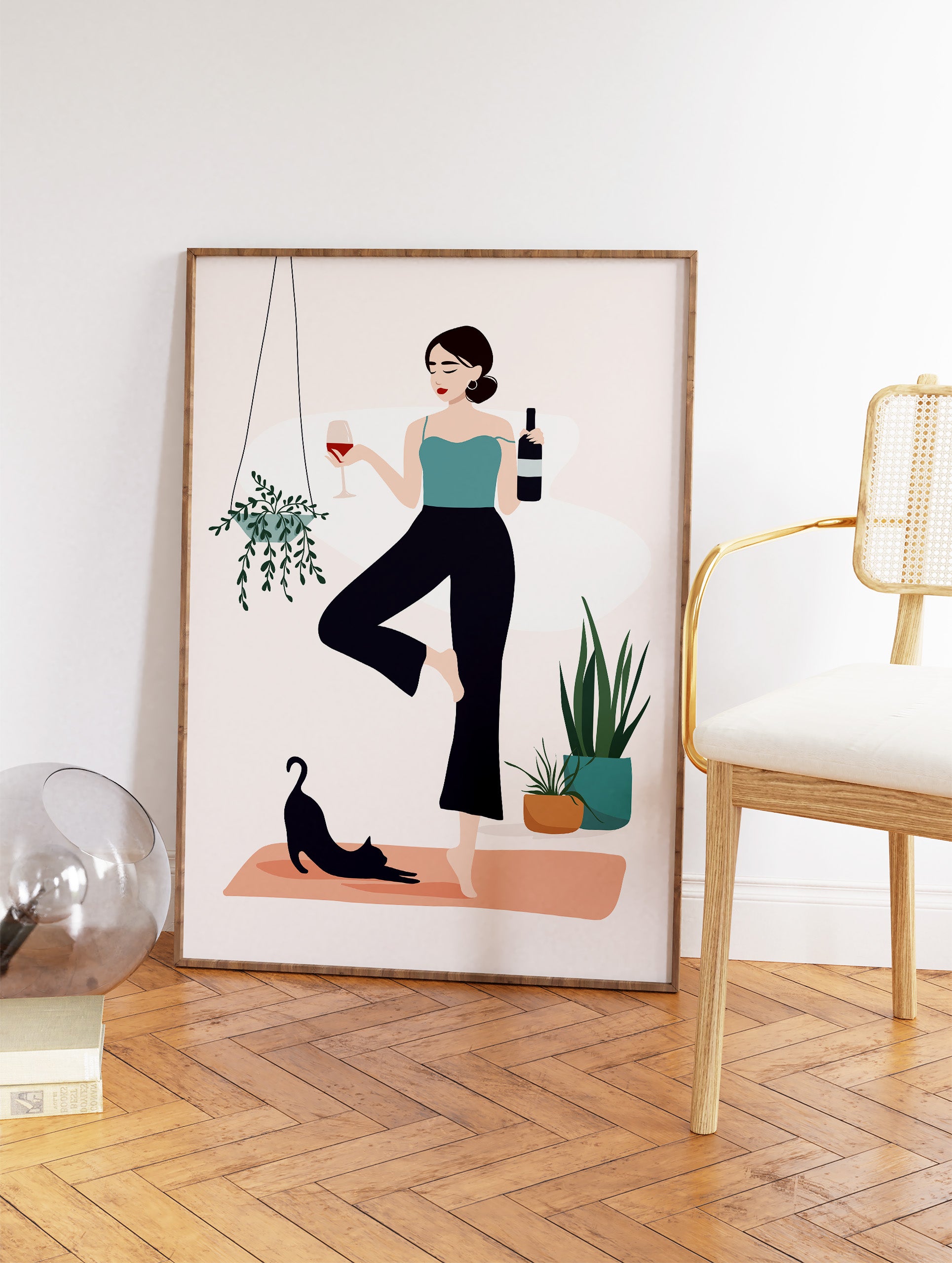 Boho Yoga and Wine Poster, Yoga Print