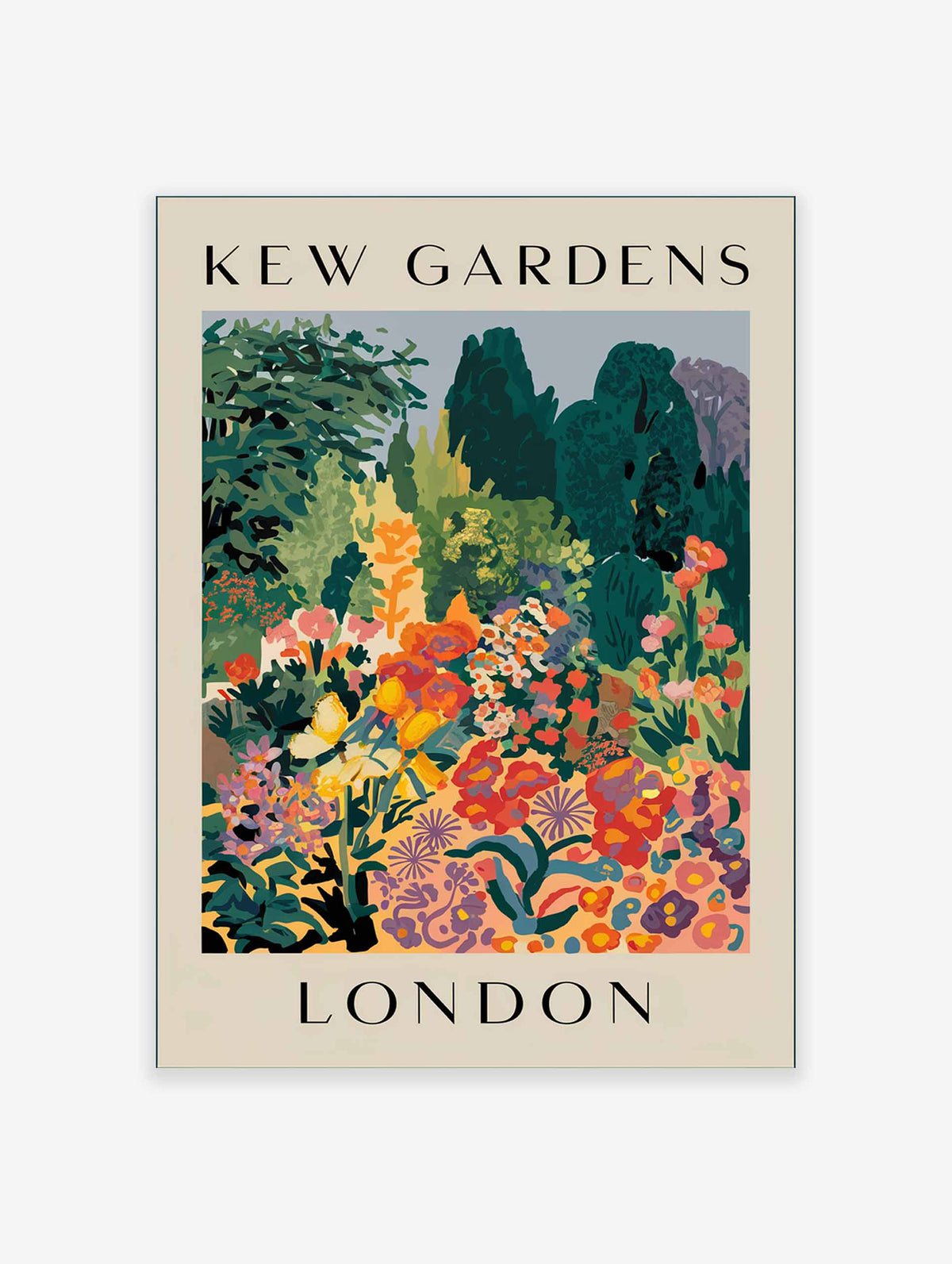 Kew Gardens London poster featuring a colorful, stylized botanical illustration of flowers and trees on a cream background.