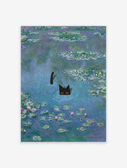 Waterlilies with Cat Poster by Claude Monet, Funny Black Cat Print