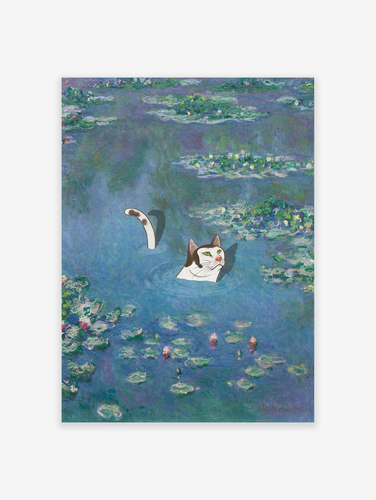 Waterlilies with Cat Poster by Claude Monet, Funny Cat Print