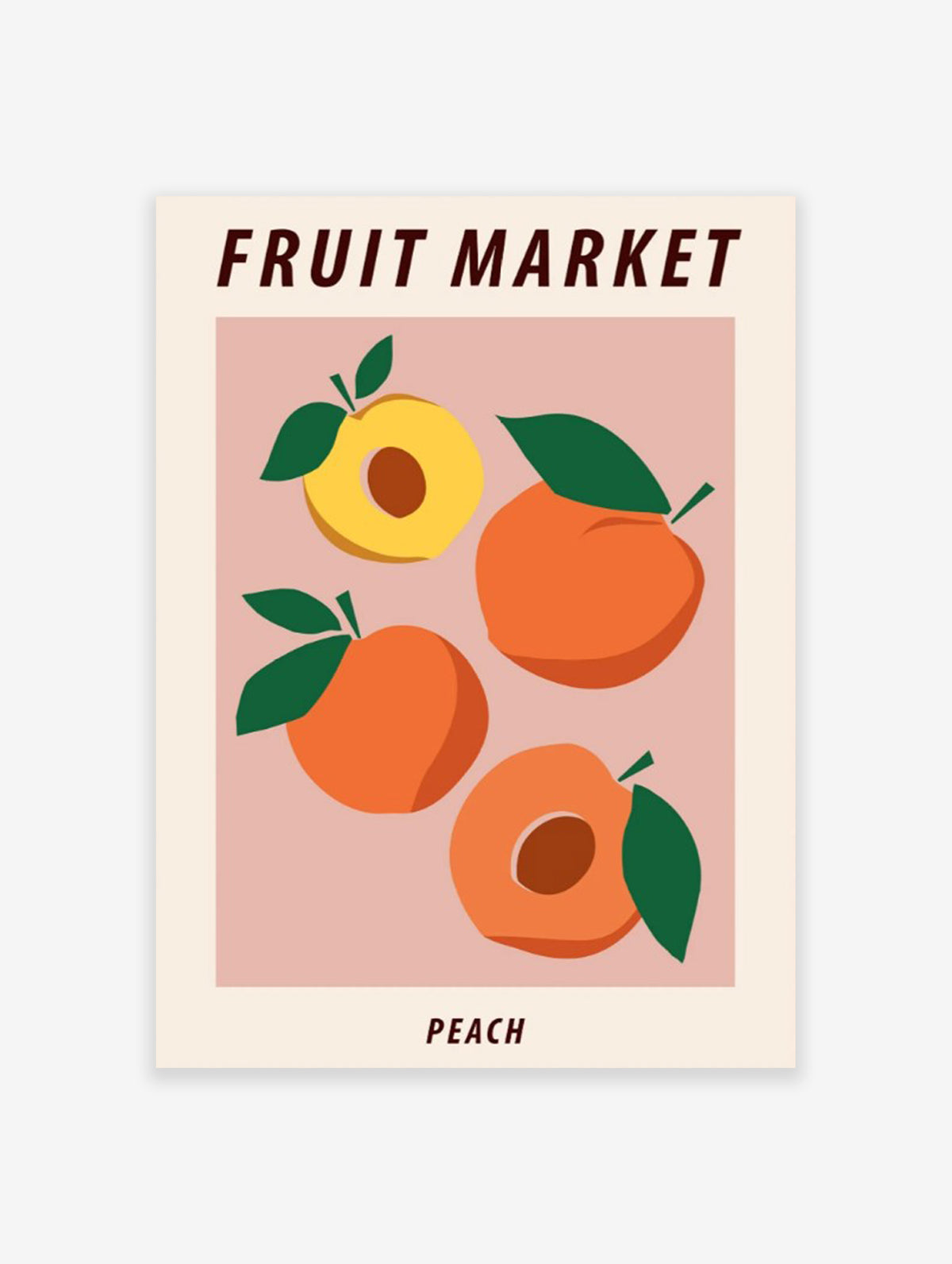 Minimalist art print featuring four peaches and the text FRUIT MARKET and PEACH on a light pink background.
