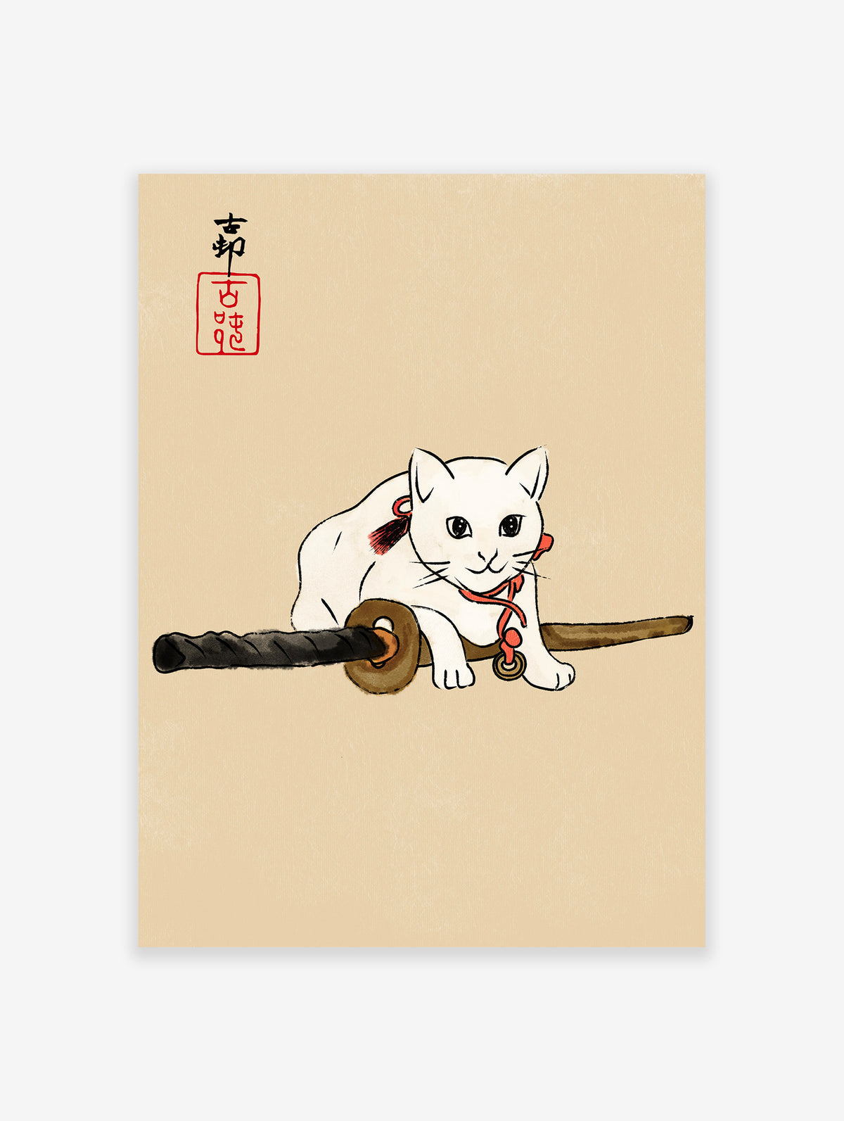 Japanese White Cat and Katana Poster, Japanese Cat Print