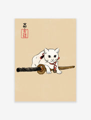 Japanese White Cat and Katana Poster, Japanese Cat Print