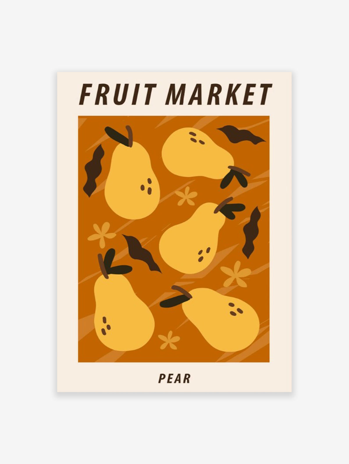 Minimalist art print titled Fruit Market featuring four yellow pears and small flower icons on an orange background.