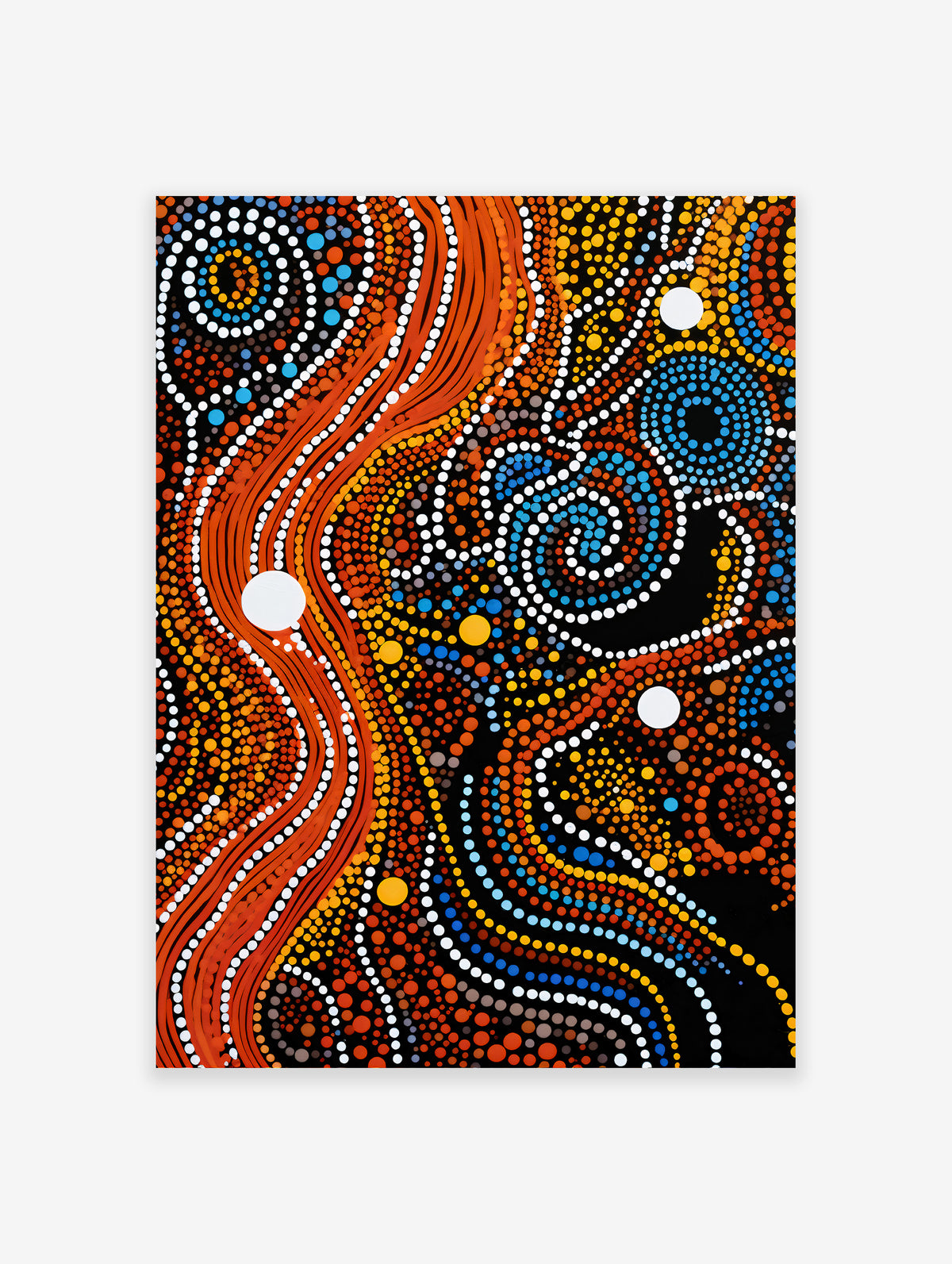 Aboriginal-style dot painting featuring flowing orange lines, blue circular patterns, and white dots on a black background.