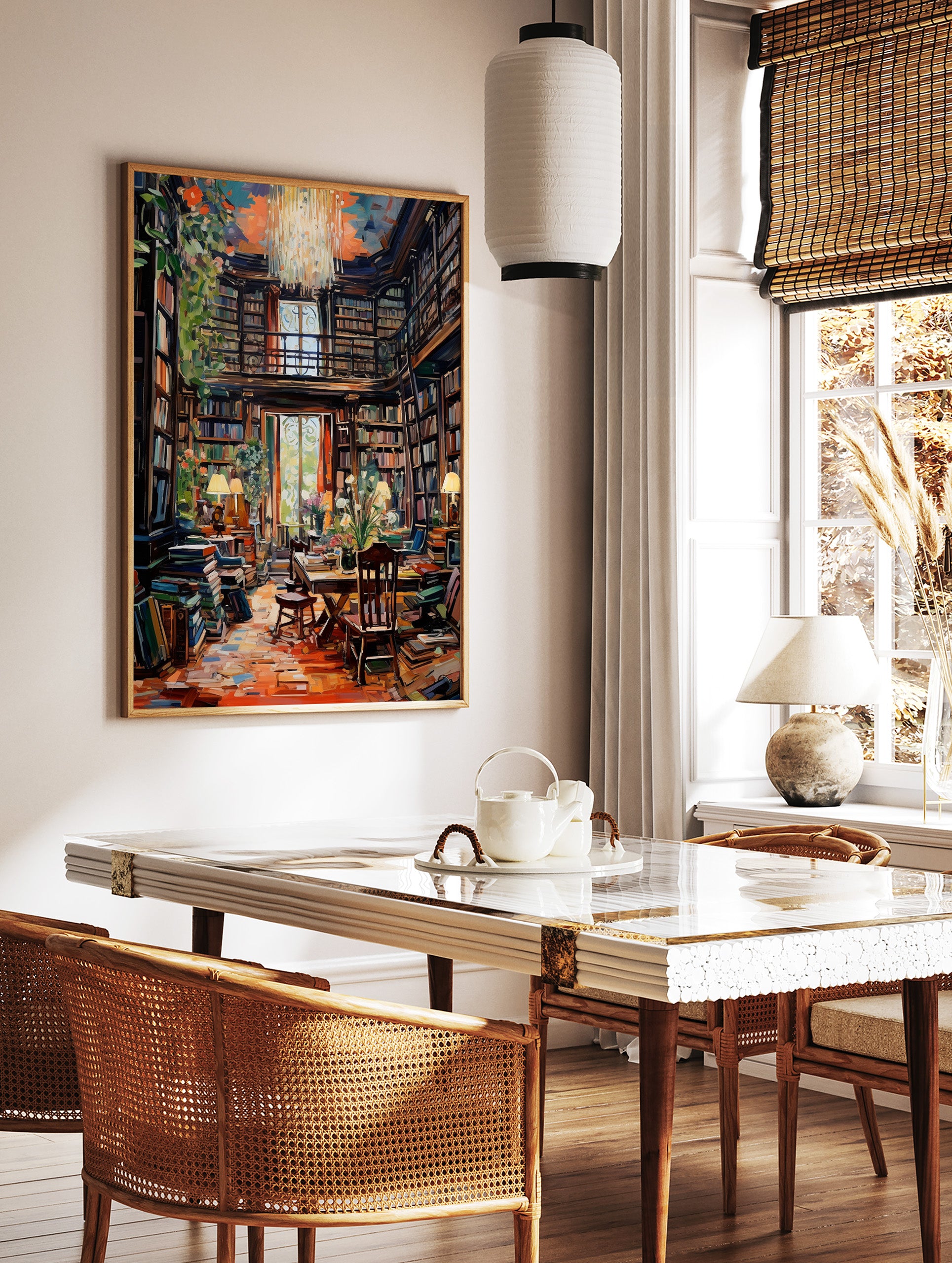 Library Illustration Poster, Reading Print