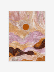 Aboriginal dot painting of an abstract desert landscape with a central sun, in earthy browns, pinks, and white