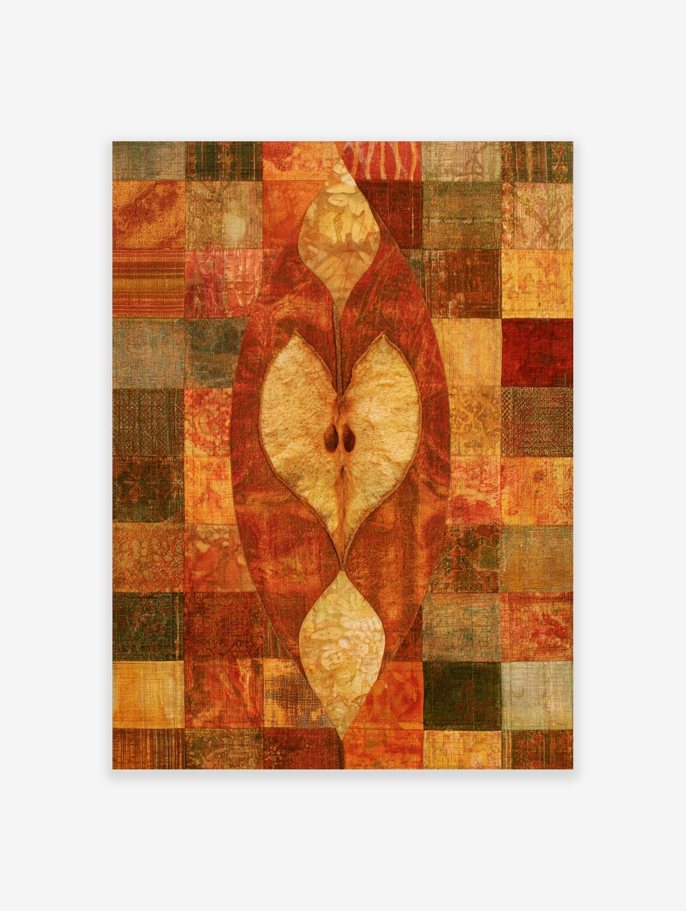 Abstract wall art featuring a dried apple slice against a warm, orange and brown grid pattern