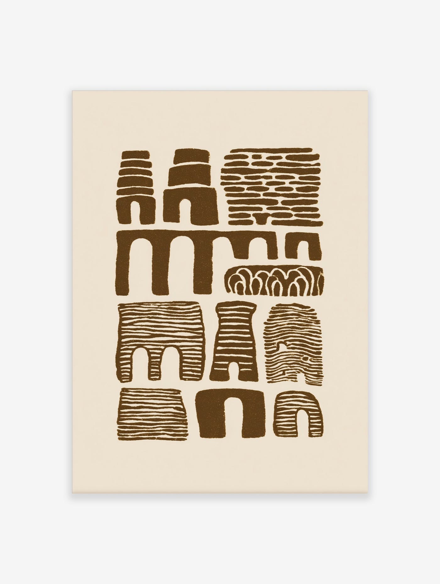 Brown abstract wall art with stacked arches and line patterns on cream background