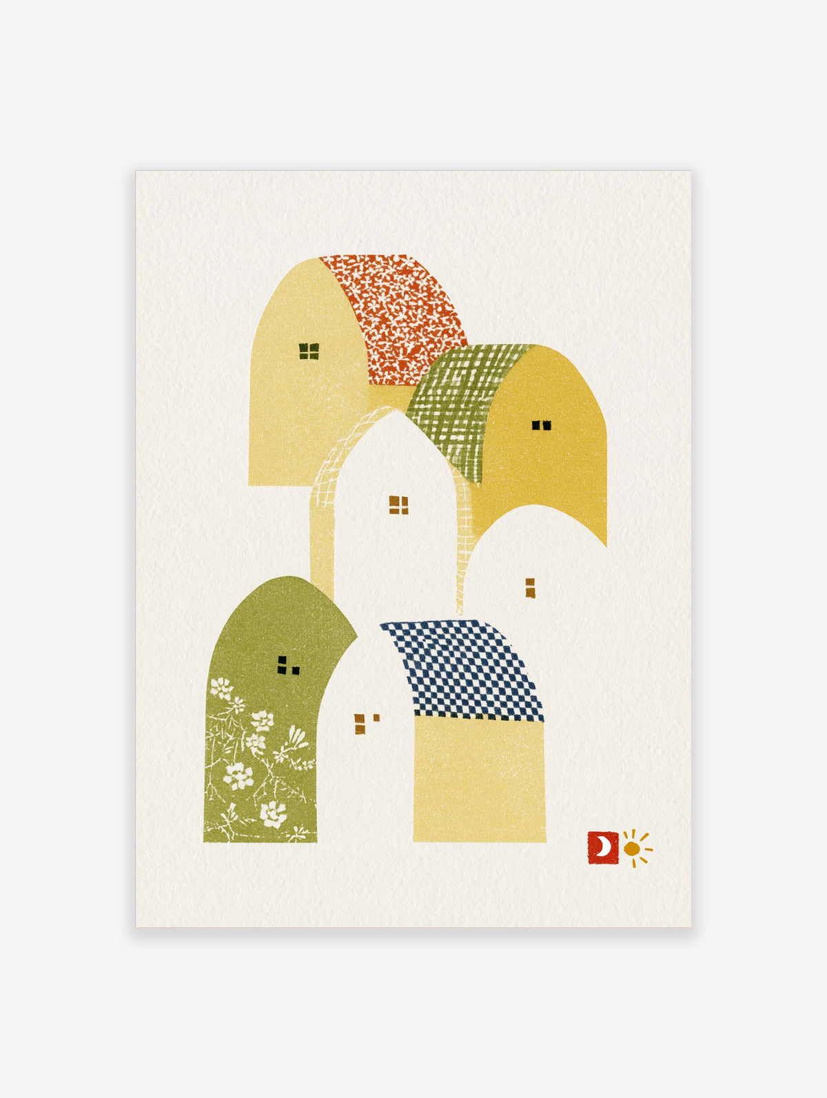 Abstract arch wall art print with geometric house shapes, patterned roofs, and small windows in ochre, green, white, and