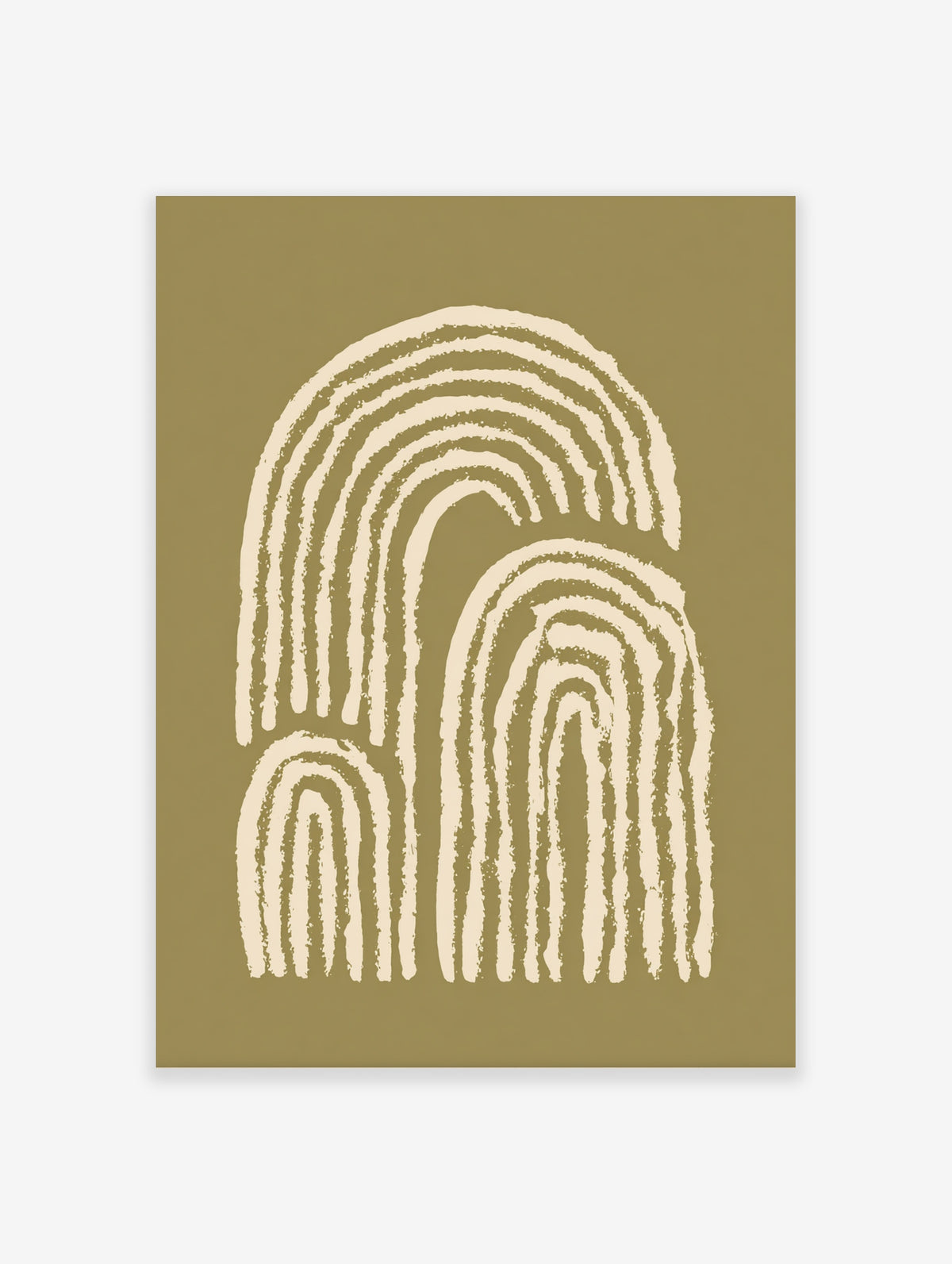 Abstract arch art print with cream curved lines on a muted olive background