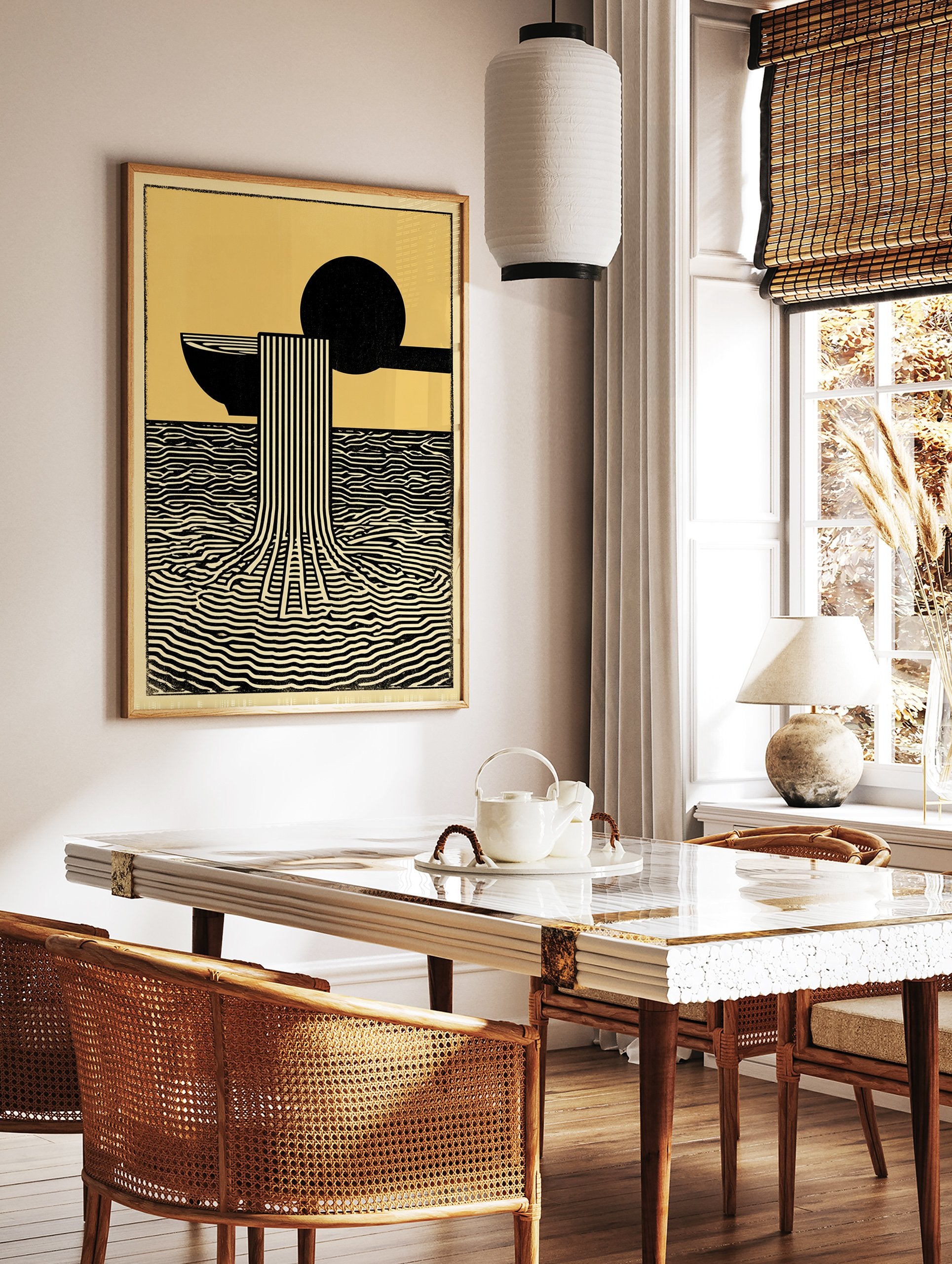 Abstract art poster with black bowl and ladle pouring striped waterfall into wavy black water on a yellow background. - Image 2