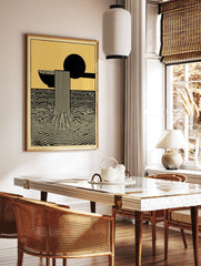 Abstract art poster with black bowl and ladle pouring striped waterfall into wavy black water on a yellow background. - Image 2
