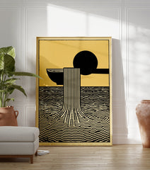 Abstract art poster with black bowl and ladle pouring striped waterfall into wavy black water on a yellow background. - Image 3