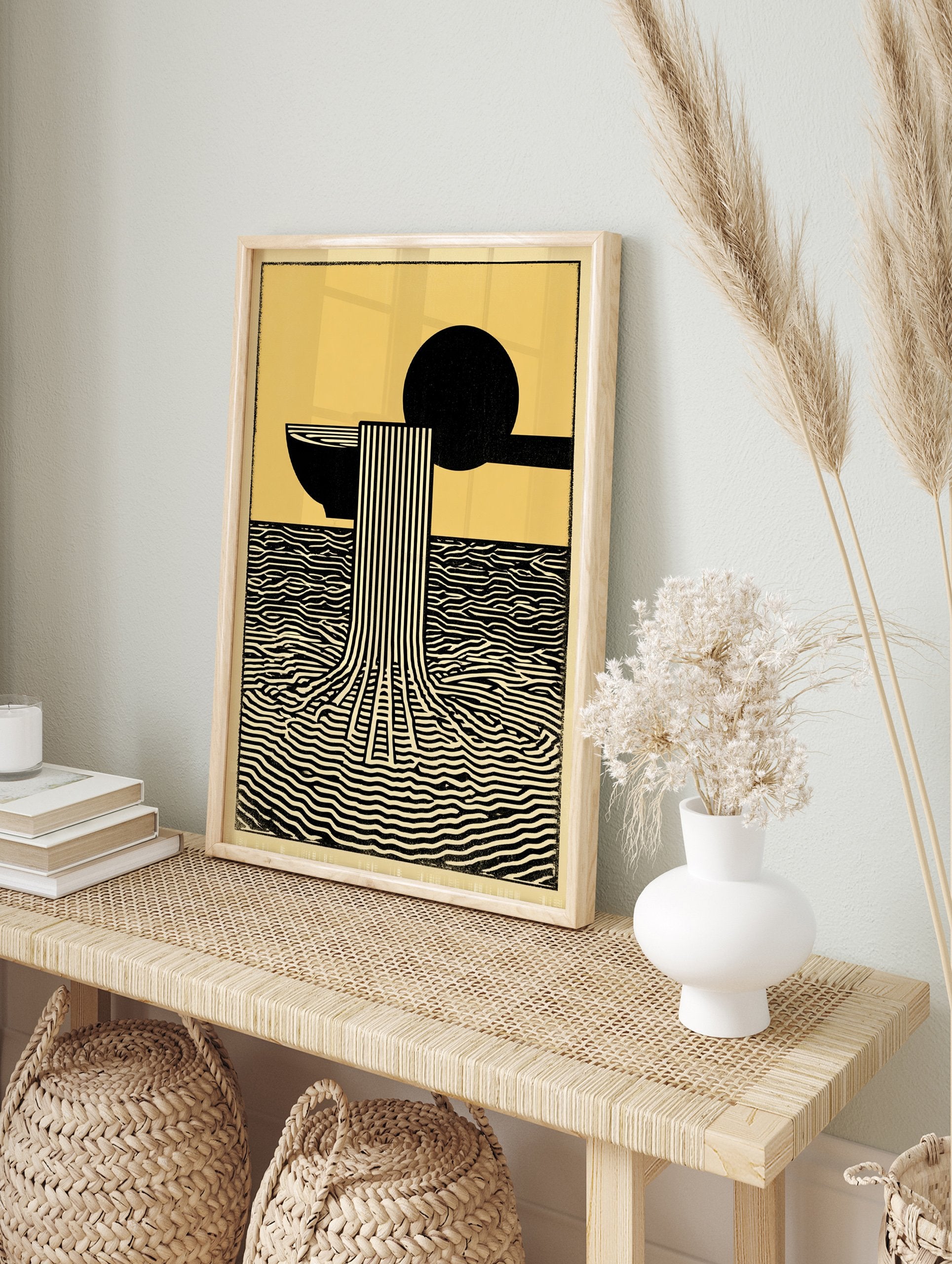 Abstract art poster with black bowl and ladle pouring striped waterfall into wavy black water on a yellow background. - Image 4