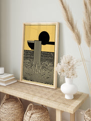 Abstract art poster with black bowl and ladle pouring striped waterfall into wavy black water on a yellow background. - Image 4