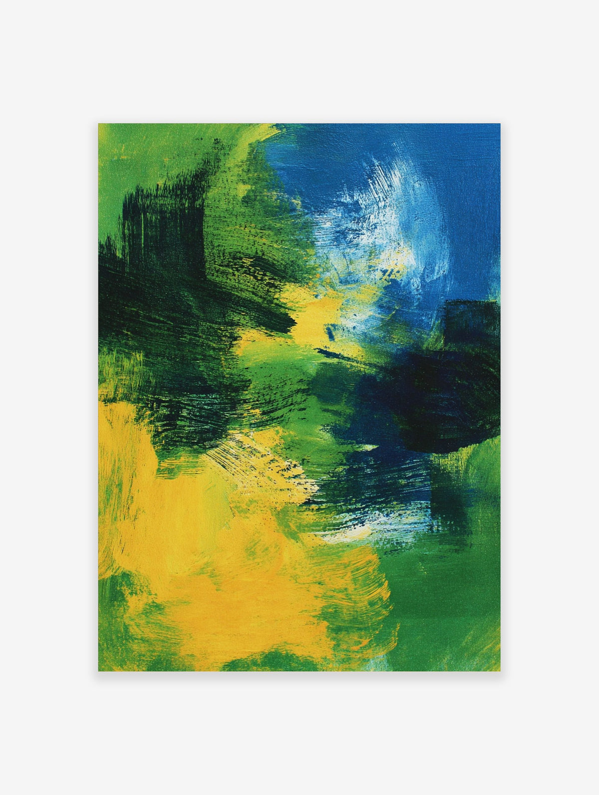Abstract painting with bold brushstrokes in shades of blue, green, and yellow, creating dynamic movement