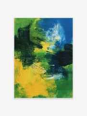 Abstract painting with bold brushstrokes in shades of blue, green, and yellow, creating dynamic movement