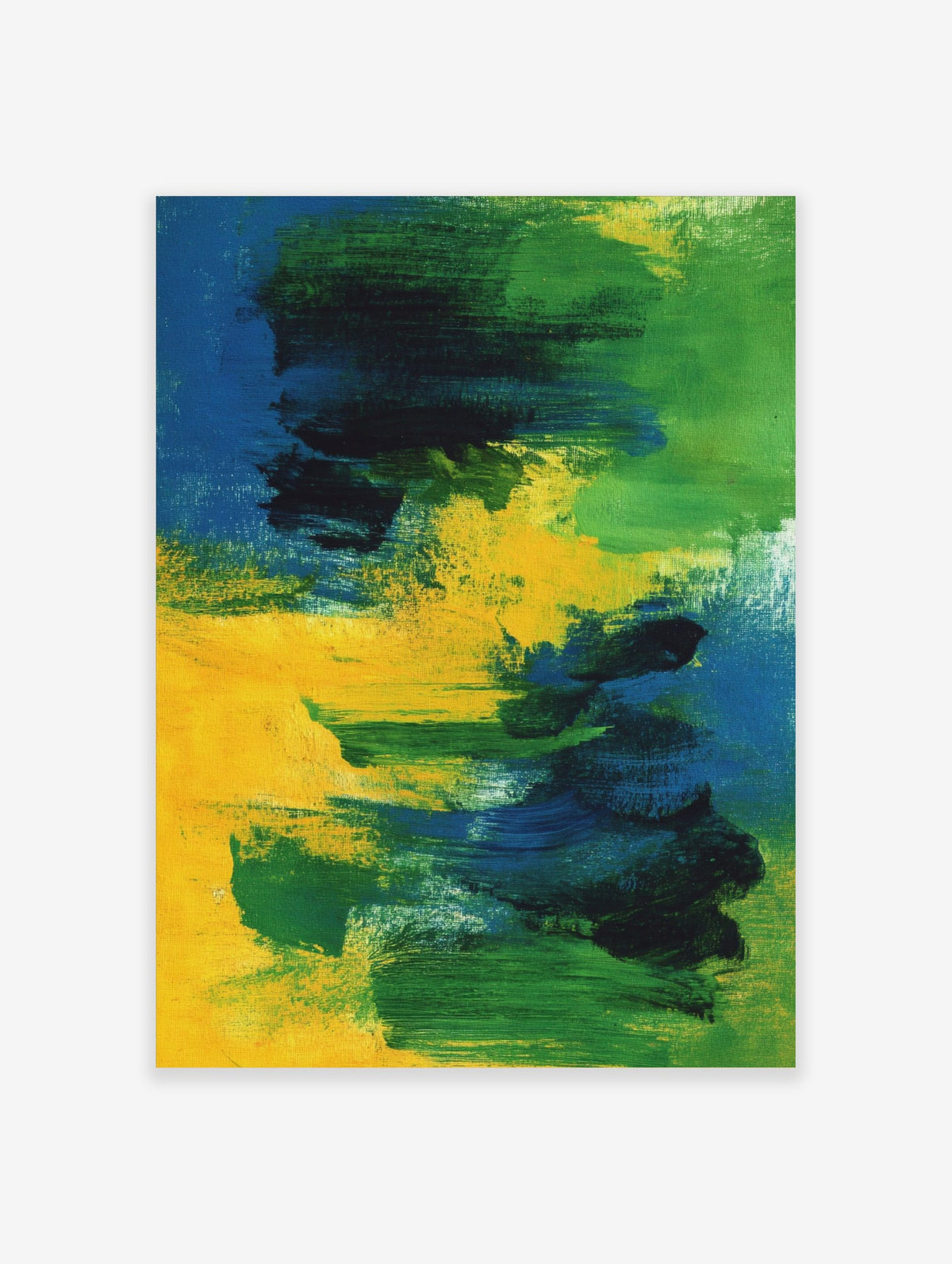 Abstract painting with bold blue, green, and yellow brushstrokes on canvas, creating a dynamic vertical flow