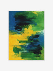 Abstract painting with bold blue, green, and yellow brushstrokes on canvas, creating a dynamic vertical flow