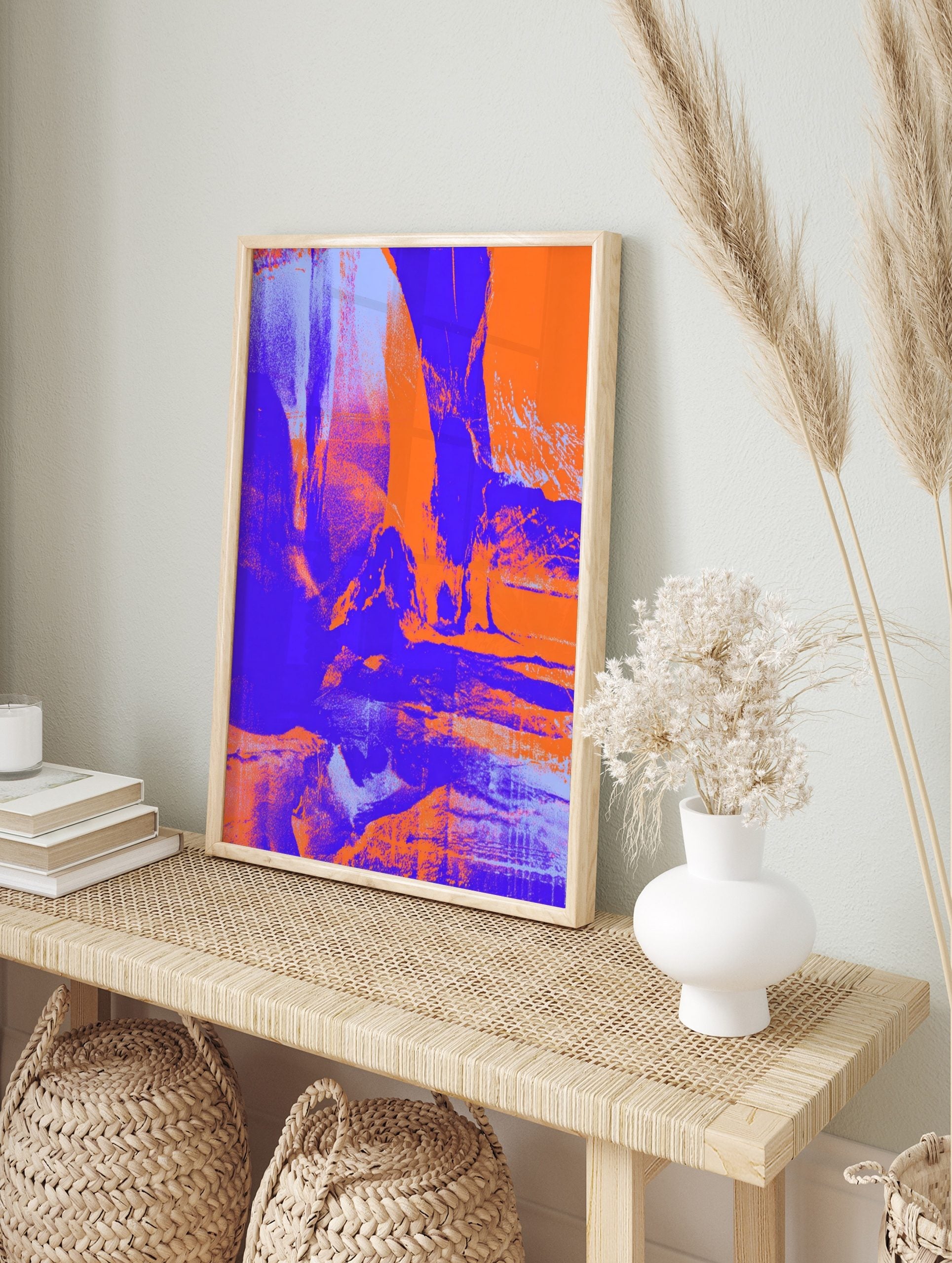 Abstract art print with distressed textures in bold orange, deep purple, and light blue hues, in an alternate framed mockup