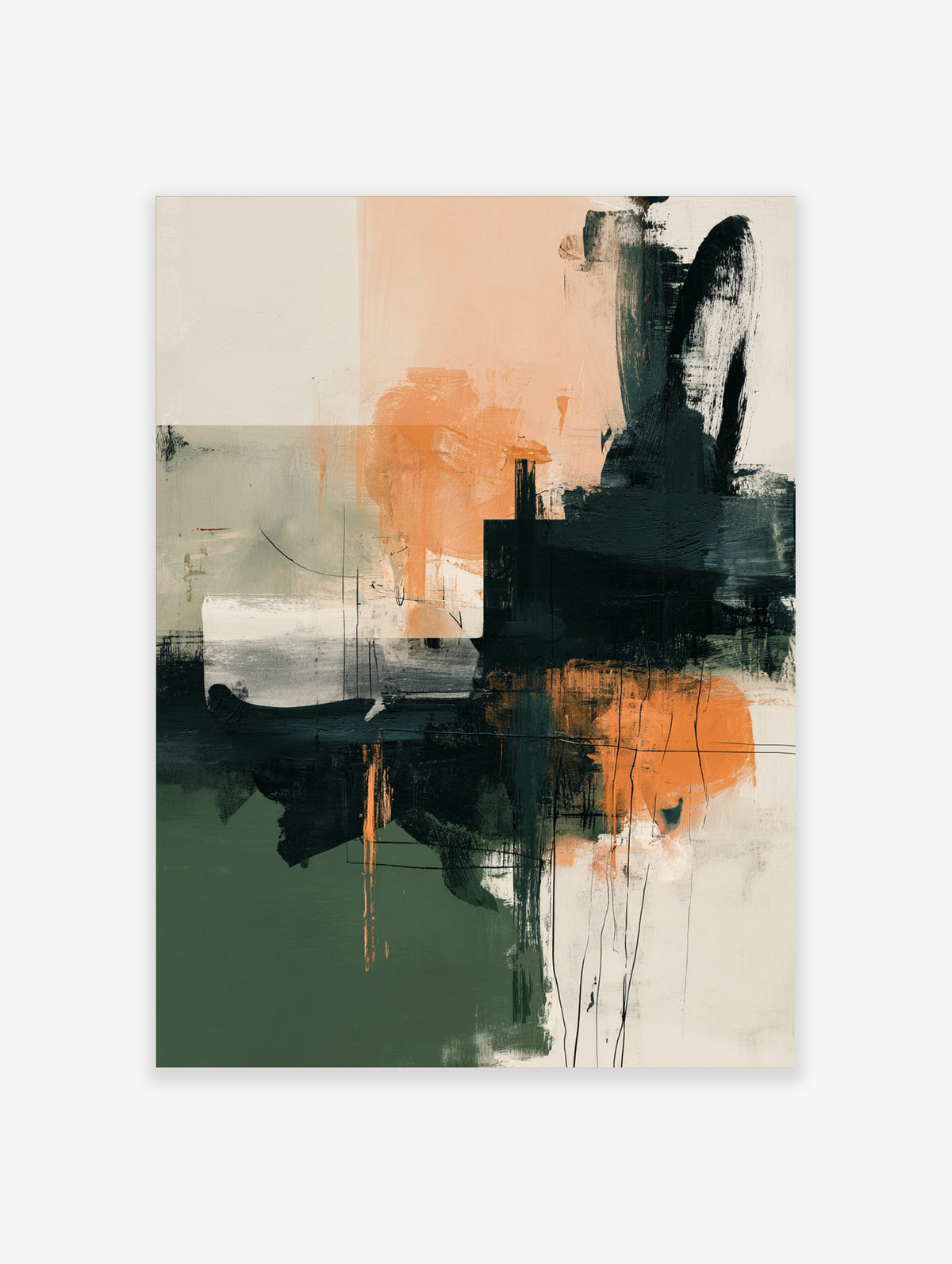 Abstract art print with bold brushstrokes in sage green, charcoal, and orange on an off-white background