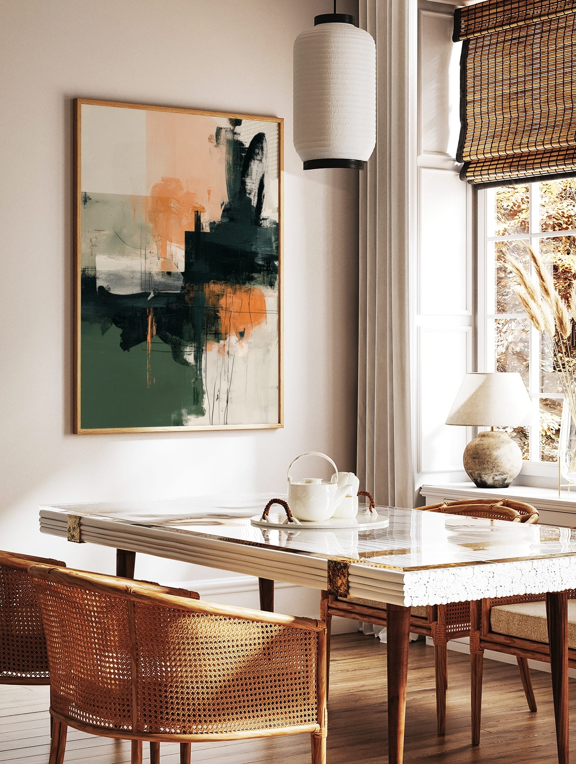 Abstract art print with blocks of dark green, peach, and charcoal, textured brushstrokes, and fine, in a styled room mockup