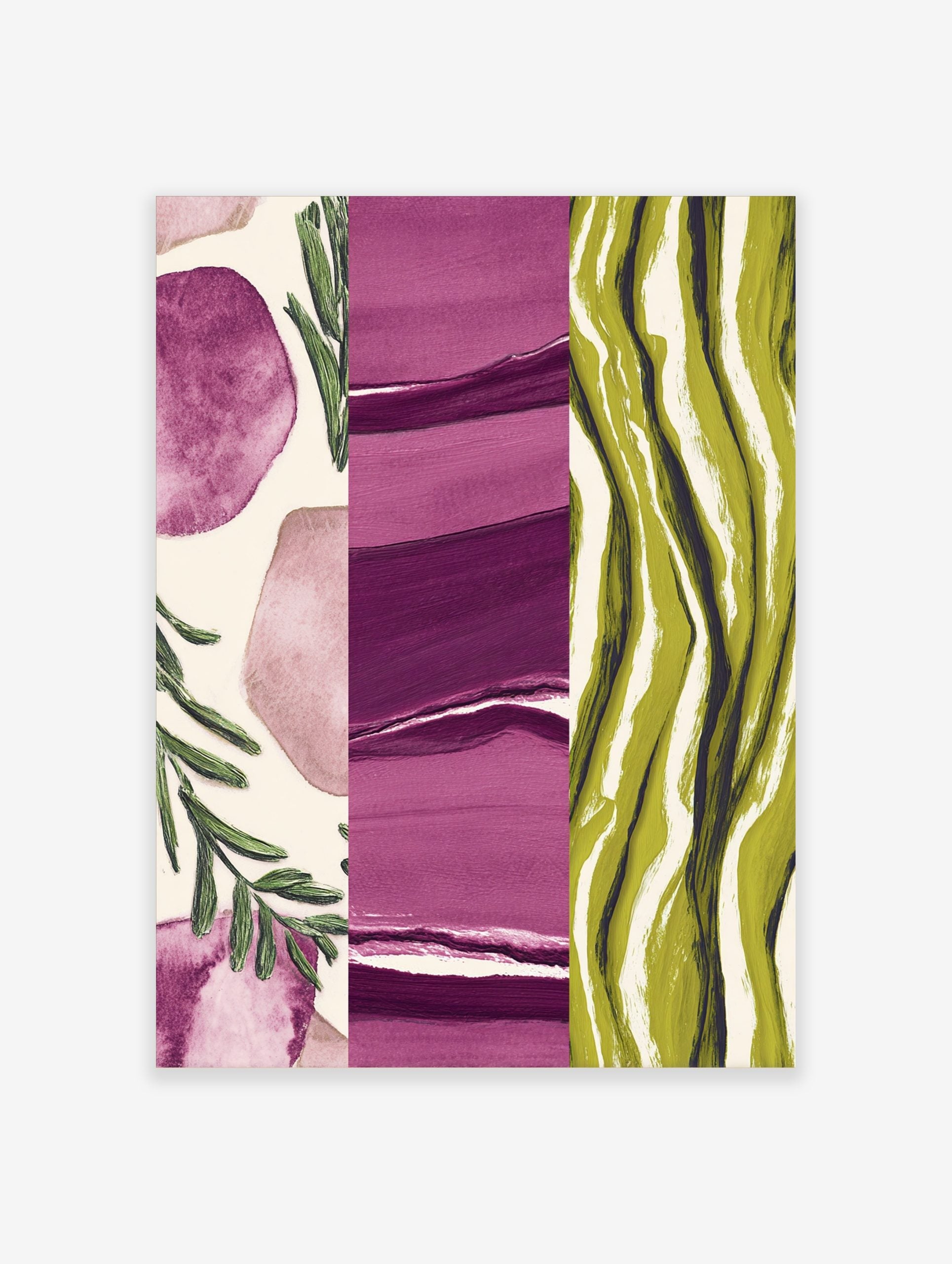 Abstract art print with three panels: purple watercolour shapes, purple brushstrokes, and olive green wavy lines