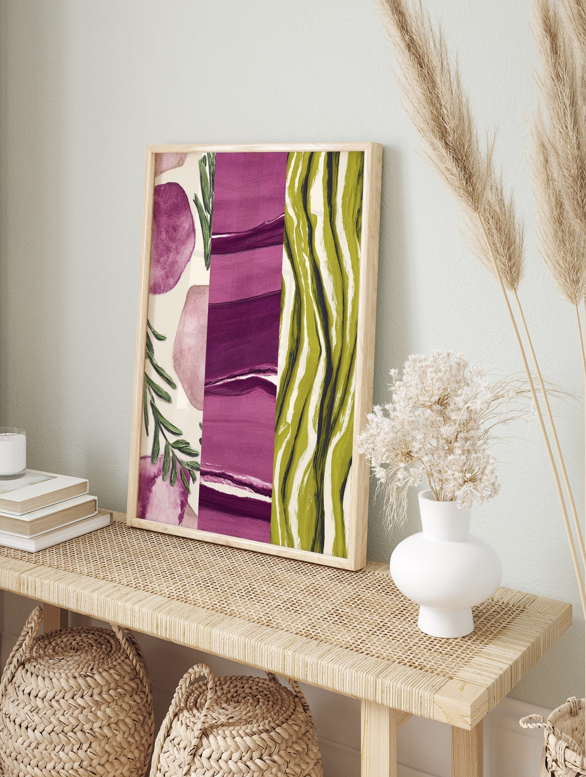 Abstract art print with three panels: purple watercolour shapes, purple brushstrokes, and, in an alternate framed mockup