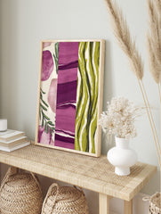 Abstract art print with three panels: purple watercolour shapes, purple brushstrokes, and, in an alternate framed mockup
